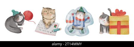Cat with christmas costume . Watercolor paint cartoon characters . Set 3 of 5 . Vector . Stock Vector