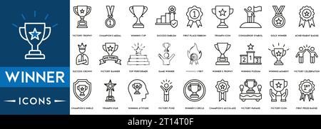 Winner icon set. Containing victory, success, prize, celebration, podium, win money, finish line and trophy icons. Stock Vector