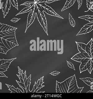 Frame square with maple leaves in sketch style on a background of a black board with painted chalk. Copy the space in the center. Vector. Stock Vector