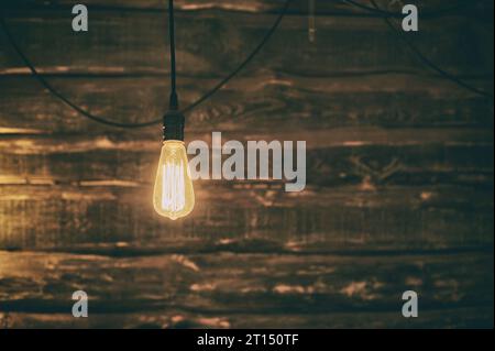 Light Edison bulb on dark wooden background. vintage effect Stock Photo