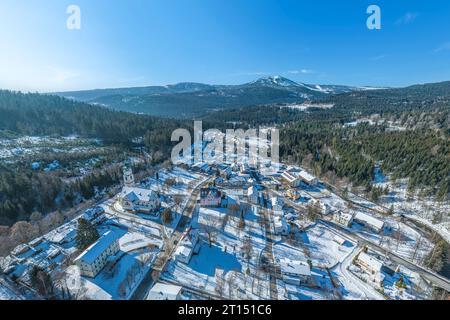 Aerial view to the wintry Bavarian Forest around Bayerisch Eisenstein in the Arber Region Stock Photo