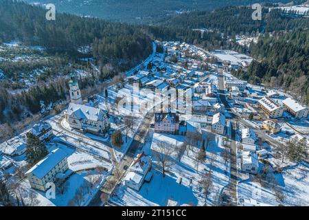 Aerial view to the wintry Bavarian Forest around Bayerisch Eisenstein in the Arber Region Stock Photo