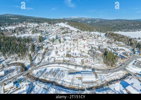 Aerial view to the wintry Bavarian Forest around Bayerisch Eisenstein in the Arber Region Stock Photo