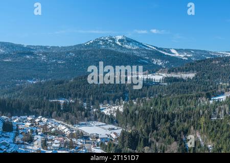 Aerial view to the wintry Bavarian Forest around Bayerisch Eisenstein in the Arber Region Stock Photo