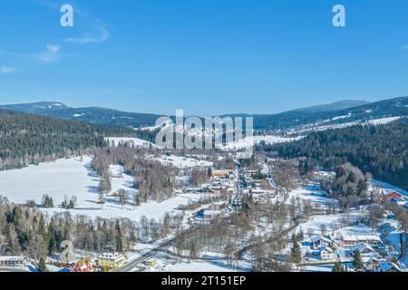 Aerial view to the wintry Bavarian Forest around Bayerisch Eisenstein in the Arber Region Stock Photo