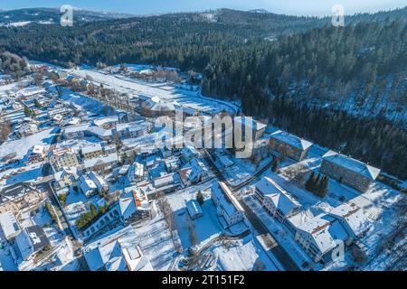 Aerial view to the wintry Bavarian Forest around Bayerisch Eisenstein in the Arber Region Stock Photo