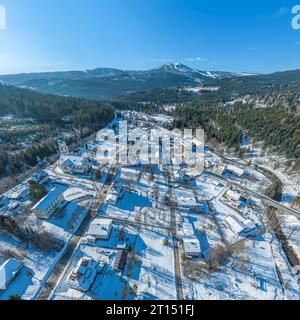 Aerial view to the wintry Bavarian Forest around Bayerisch Eisenstein in the Arber Region Stock Photo