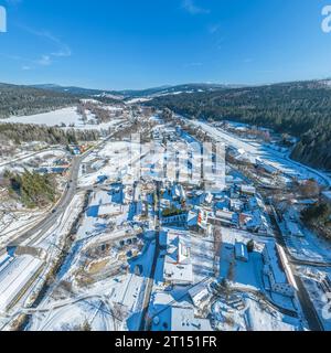 Aerial view to the wintry Bavarian Forest around Bayerisch Eisenstein in the Arber Region Stock Photo