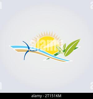 Icon Nature, Landscape, Foliage, Leaves Hill Water Sun and Wind Energy Sustainable Logo for Green Environment Ecology Business Stock Vector