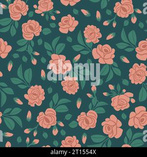 Vintage pattern with pink roses and leaves on green background. Retro flowers pattern. Vector illustration Stock Vector