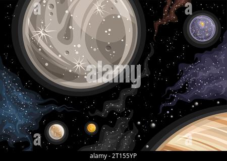 Vector Fantasy Space Chart, astronomical horizontal poster with cartoon design orbiting Ganymede and other satellites of Jupiter in deep space, decora Stock Vector