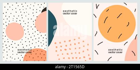 Collection of templates with hand drawn simple shape, lines and dots. Set aesthetic vertical background for social media. Vector covers, trendy banner Stock Vector