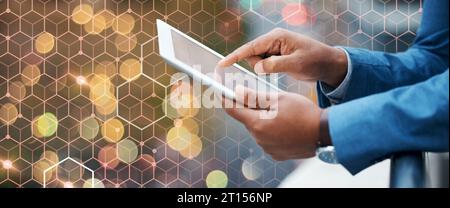 Overlay, business man hands and tablet on patio for research work and digital transformation outdoor. Working, professional and grid technology for Stock Photo