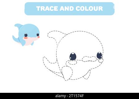Educational game for children "Connect the Dots" for handwriting practice colouring book with cute sea character dolphin Stock Vector