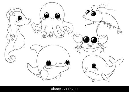 Colouring, linart, children's game. preschool Sea characters: crab, octopus, seahorse, fish, shrimp, dolphin, whale. Stock Vector