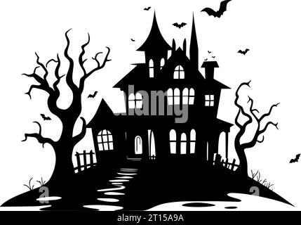 Halloween Haunted house silhouette, scene of ghost mansion. Vector illustration Stock Vector