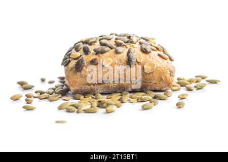 Whole grain bun with pumpkin seeds isolated on the white background. Stock Photo