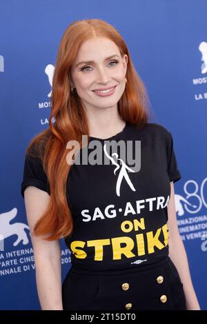 VENICE, ITALY - SEPTEMBER 08: Jessica Chastain attends the photo-call for the movie 'Memory' at the 80th Venice International Film Festival on Septemb Stock Photo