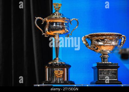 Melbourne, Australia. 11th Oct, 2023. Australian Open trophies displayed during the Australian Open 2024 Media Launch at Centrepiece, Melbourne Park. Credit: SOPA Images Limited/Alamy Live News Stock Photo