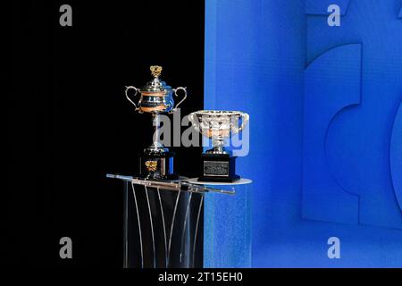 Melbourne, Australia. 11th Oct, 2023. Australian Open trophies displayed during the Australian Open 2024 Media Launch at Centrepiece, Melbourne Park. Credit: SOPA Images Limited/Alamy Live News Stock Photo