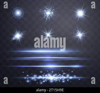 Blue lensflares set. Light flash with rays or blue spotlight. Glow flare light effect. Vector illustration. Isolated on dark transparent background Stock Vector