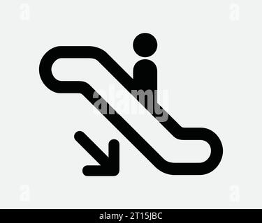 Escalator Going Down Icon Downwards Arrow Bottom Point Pointer Moving Stairs Stair Step Staircase Black White Line Outline Shape Sign Symbol EPS Vecto Stock Vector