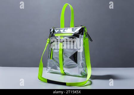 A striking close-up of a contemporary women's pocketbook purse, featuring a shiny silver and neon green strap and details that epitomize modern fashio Stock Photo