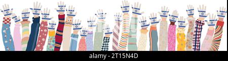 Raised hands of multicultural children who have palms colored with the flags of Israel. Concept of solidarity towards the people of Israel. Conflict Stock Vector