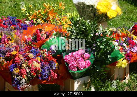 many varieties of fresh and dried flowers for sale at stall in outdoor flower market Stock Photo