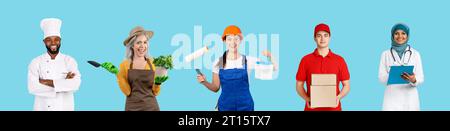 Creative Collage With People Of Different Professions Posing Over Blue Background Stock Photo