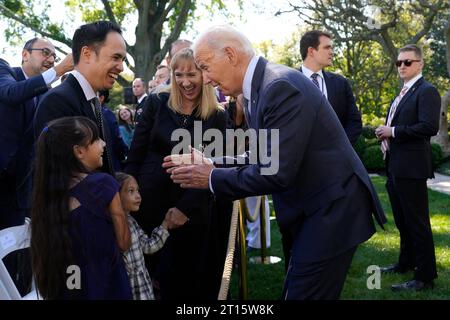 Washington, United States. 11th Oct, 2023. US President Joe Biden greets guests after delivering remarks on hidden junk fees in the Rose Garden of the White House in Washington on October 11, 2023. Photo by Yuri Gripas/ABACAPRESS.COM Credit: Abaca Press/Alamy Live News Stock Photo