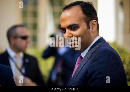 Washington, United States. 11th Oct, 2023. Rohit Chopra, Director of the Consumer Financial Protection Bureau (CFPB), attends remarks by President Joe Biden in the Rose Garden at the White House on Wednesday, October 11, 2023 in Washington, DC The President is announcing new actions that the administration is taking to protect consumers from hidden junk fees. Photo by Samuel Corum/UPI Credit: UPI/Alamy Live News Stock Photo