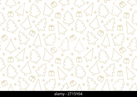 christmas golden seamless pattern with fir trees, gifts and stars- vector illustration Stock Vector