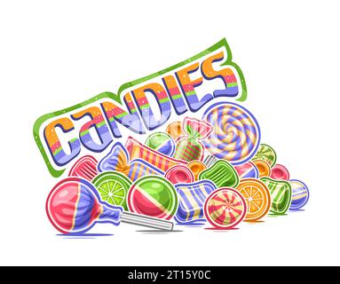 Vector Pile of Candies, outline illustration of multi colored candy still life composition, sweet print with group of swirly lolipops and fun bubble g Stock Vector