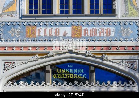 Architectural features or details of the Lello Bookstore (Portuguese: Livraria Lello & Irmão). Part of the facade or exterior wall. Stock Photo