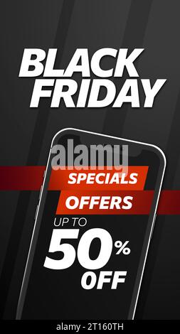 Design of Black Friday banner in Stories Format. Template with modern linear typography text illustration isolated on black background with red detail Stock Vector
