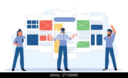 Usability testing mobile screen with people man vector design illustration. Development software application ui and ux interface page. User coding lay Stock Vector