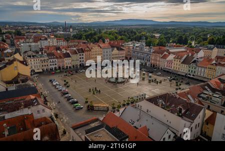 View from big old historic tower in cloudy summer day in Ceske Budejovice CZ 09 19 2023 Stock Photo