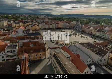 View from big old historic tower in cloudy summer day in Ceske Budejovice CZ 09 19 2023 Stock Photo