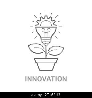 Vector creative concept in line style - light bulb with gear wheel growing from the flower pot. Innovation Idea concept. Technology innovations Stock Vector