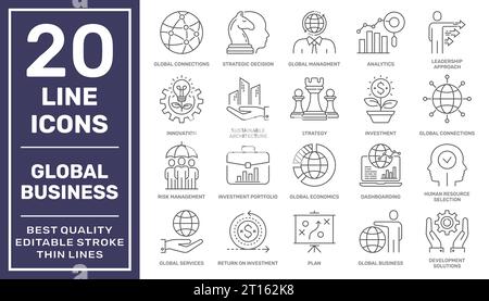 Modern thin line icons set of global business services and worldwide operations. Premium quality outline symbol collection. Simple linear pictogram Stock Vector