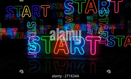 Start neon symbol. Business game begin success light color bulbs. Abstract concept 3d illustration. Stock Photo