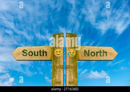 north south signs with smilie face and sad face. Levelling up, north south divide concept... Stock Photo