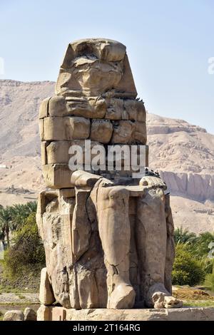 The Colossi of Memnon, one of the two massive stone statues of Pharaoh Amenhotep III in front of his mortuary temple, undergoing restoration, Thebes, Stock Photo