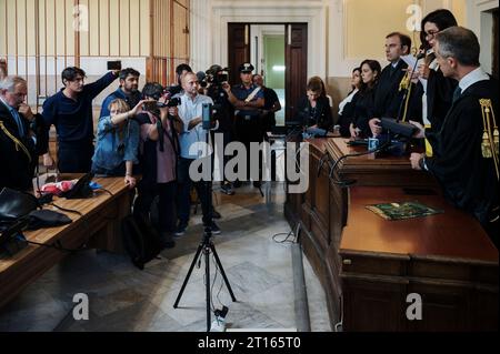 Reggio Calabria, Catanzaro, Italy. 11th Oct, 2023. Journalists seen recording the verdict. The Court of Appeal of Reggio Calabria, guided by magistrate Elisabetta Palumbo, sentenced the former pro-migrant mayor Domenico Lucano to 1 year and six months of reclusion, with suspended pena. In October 2021, Lucano was sentenced by the Court of Locri to 13 years and two months of reclusion, for fraud and mismanagement of funds for migrants. (Credit Image: © Valeria Ferraro/ZUMA Press Wire) EDITORIAL USAGE ONLY! Not for Commercial USAGE! Stock Photo