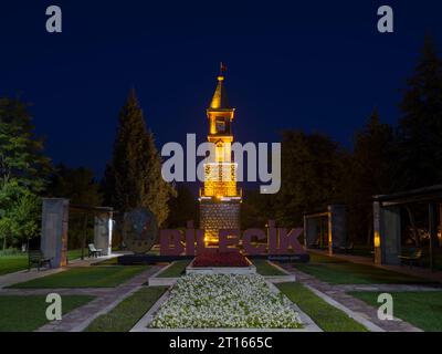 Bilecik, Turkey. 24 September 2023. Evening view of the Bilecik clock tower. It is located in the garden of Bilecik Municipality Palace. Stock Photo