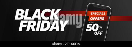 Design of Black Friday web banner. Template with modern linear typography text illustration isolated on black background with red details. Stock Vector