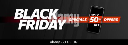 Design of Black Friday web banner. Template with modern linear typography text illustration isolated on black background with red details. Stock Vector