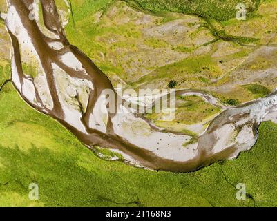 Aerial view, top down view of the River Coe flowing through the Glen Coe valley, Highlands, Scotland Great Britain Stock Photo