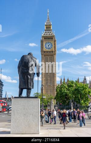 Winston Churchill statue and Big Ben in Parliament Square, City of Westminster, Greater London, England, United Kingdom Stock Photo